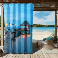 Waterproof Outdoor Curtain Privacy, Sliding Patio Curtain Drapes, Pergola Curtains Grommet 3D Ocean Vacation Landscape For Gazebo, Balcony, Porch, Party, 1 Panel