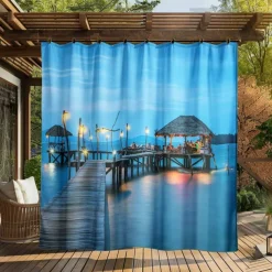 Waterproof Outdoor Curtain Privacy, Sliding Patio Curtain Drapes, Pergola Curtains Grommet 3D Ocean Vacation Landscape For Gazebo, Balcony, Porch, Party, 1 Panel