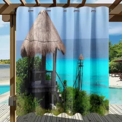 Waterproof Outdoor Curtain Privacy, Sliding Patio Curtain Drapes, Pergola Curtains Grommet 3D Ocean Vacation Landscape For Gazebo, Balcony, Porch, Party, 1 Panel