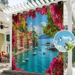 Waterproof Outdoor Curtain Privacy, Sliding Patio Curtain Drapes, Pergola Curtains Grommet 3D Ocean Landscape For Gazebo, Balcony, Porch, Party, 1 Panel
