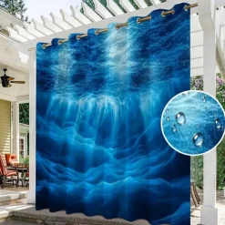 Waterproof Outdoor Curtain Privacy, Sliding Patio Curtain Drapes, Pergola Curtains Grommet 3D Ocean Landscape For Gazebo, Balcony, Porch, Party, 1 Panel