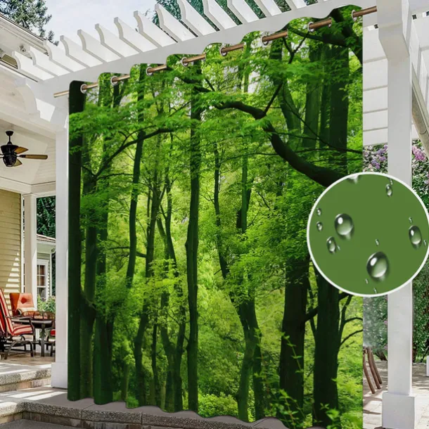 Waterproof Outdoor Curtain Privacy, Sliding Patio Curtain Drapes, Pergola Curtains Grommet 3D Forest Landscape For Gazebo, Balcony, Porch, Party, 1 Panel
