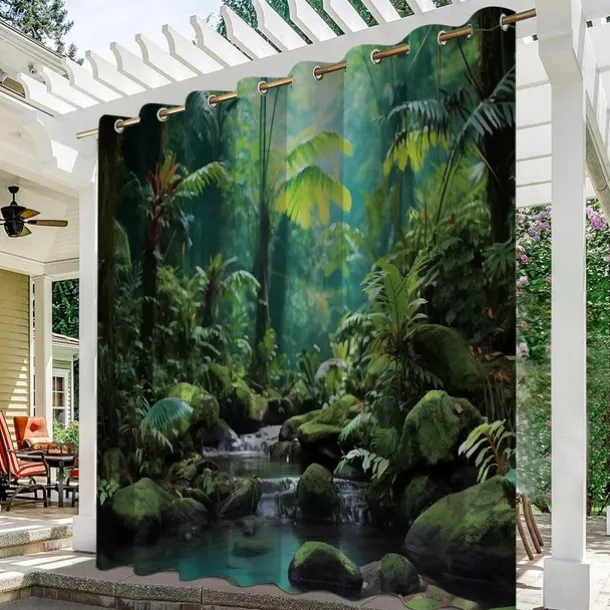 Waterproof Outdoor Curtain Privacy, Sliding Patio Curtain Drapes, Pergola Curtains Grommet 3D Forest Landscape For Gazebo, Balcony, Porch, Party, 1 Panel