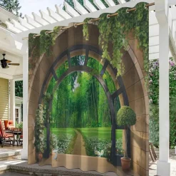Waterproof Outdoor Curtain Privacy, Sliding Patio Curtain Drapes, Pergola Curtains Grommet 3D Forest Landscape For Gazebo, Balcony, Porch, Party, 1 Panel