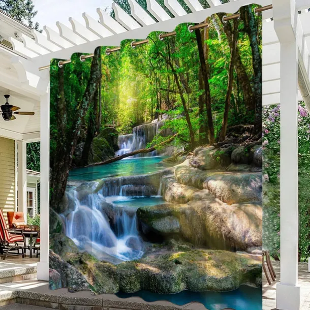 Waterproof Outdoor Curtain Privacy, Sliding Patio Curtain Drapes, Pergola Curtains Grommet 3D Forest Landscape For Gazebo, Balcony, Porch, Party, 1 Panel