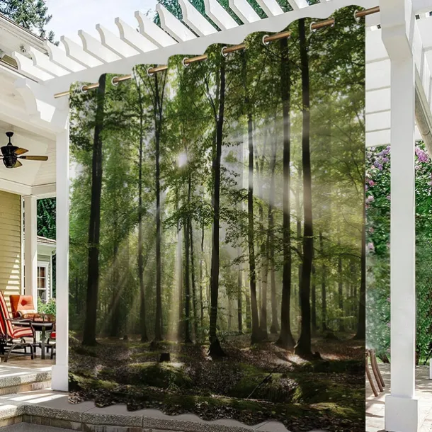 Waterproof Outdoor Curtain Privacy, Sliding Patio Curtain Drapes, Pergola Curtains Grommet 3D Forest Landscape For Gazebo, Balcony, Porch, Party, 1 Panel