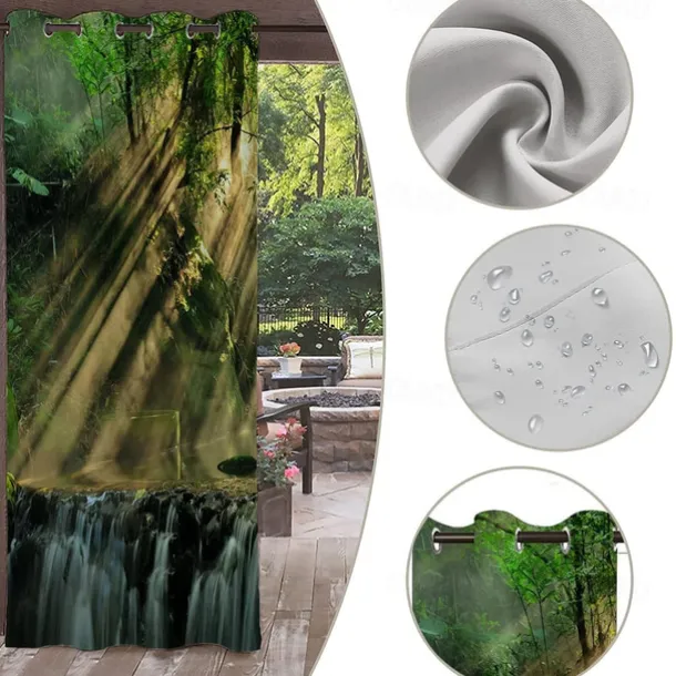 Waterproof Outdoor Curtain Privacy, Sliding Patio Curtain Drapes, Pergola Curtains Grommet 3D Forest Landscape For Gazebo, Balcony, Porch, Party, 1 Panel
