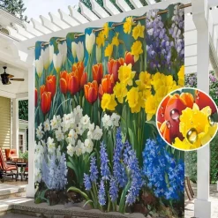Waterproof Outdoor Curtain Privacy, Sliding Patio Curtain Drapes, Pergola Curtains Grommet 3D Flowers Tulips Landscape For Gazebo, Balcony, Porch, Party, 1 Panel