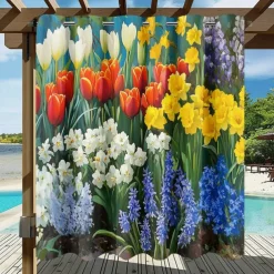 Waterproof Outdoor Curtain Privacy, Sliding Patio Curtain Drapes, Pergola Curtains Grommet 3D Flowers Tulips Landscape For Gazebo, Balcony, Porch, Party, 1 Panel