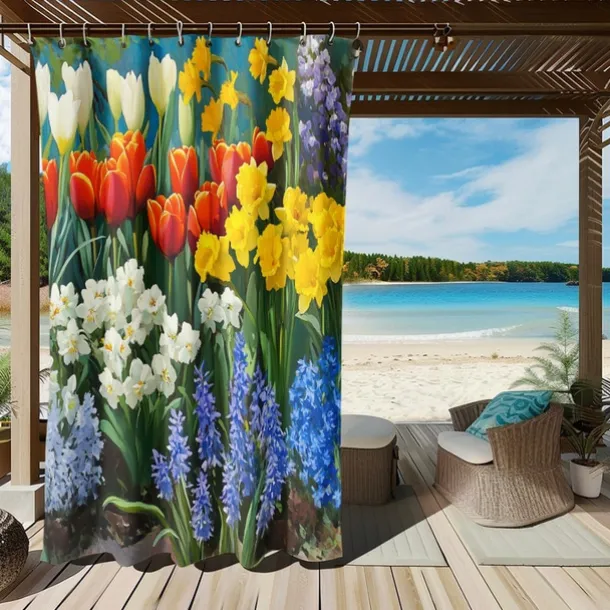 Waterproof Outdoor Curtain Privacy, Sliding Patio Curtain Drapes, Pergola Curtains Grommet 3D Flowers Tulips Landscape For Gazebo, Balcony, Porch, Party, 1 Panel