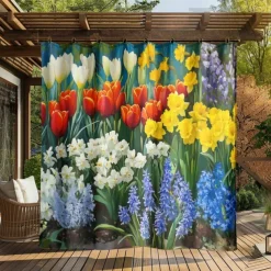 Waterproof Outdoor Curtain Privacy, Sliding Patio Curtain Drapes, Pergola Curtains Grommet 3D Flowers Tulips Landscape For Gazebo, Balcony, Porch, Party, 1 Panel