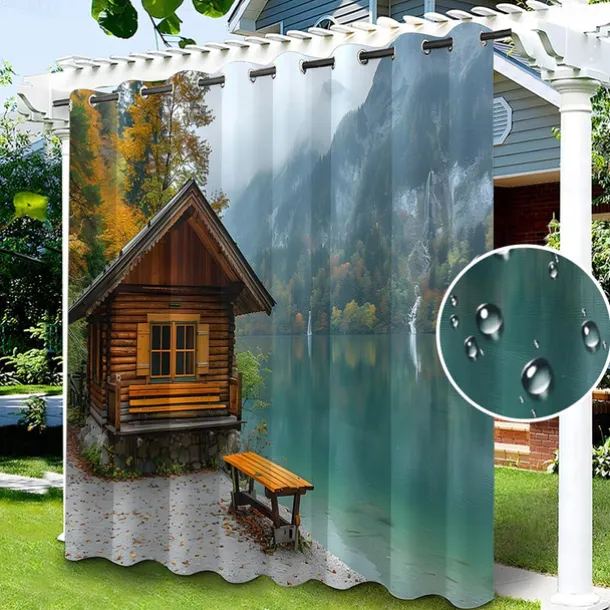 Waterproof Outdoor Curtain Privacy, Sliding Patio Curtain Drapes, Pergola Curtains Grommet 3D Lake Side House for Gazebo, Balcony, Porch, Party, 1 Panel