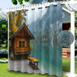 Waterproof Outdoor Curtain Privacy, Sliding Patio Curtain Drapes, Pergola Curtains Grommet 3D Lake Side House for Gazebo, Balcony, Porch, Party, 1 Panel