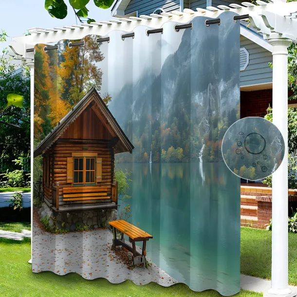 Waterproof Outdoor Curtain Privacy, Sliding Patio Curtain Drapes, Pergola Curtains Grommet 3D Lake Side House for Gazebo, Balcony, Porch, Party, 1 Panel