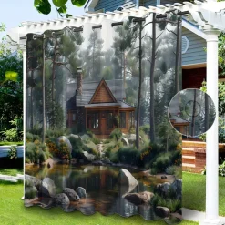 Waterproof Outdoor Curtain Privacy, Sliding Patio Curtain Drapes, Pergola Curtains Grommet 3D Lake Side House for Gazebo, Balcony, Porch, Party, 1 Panel