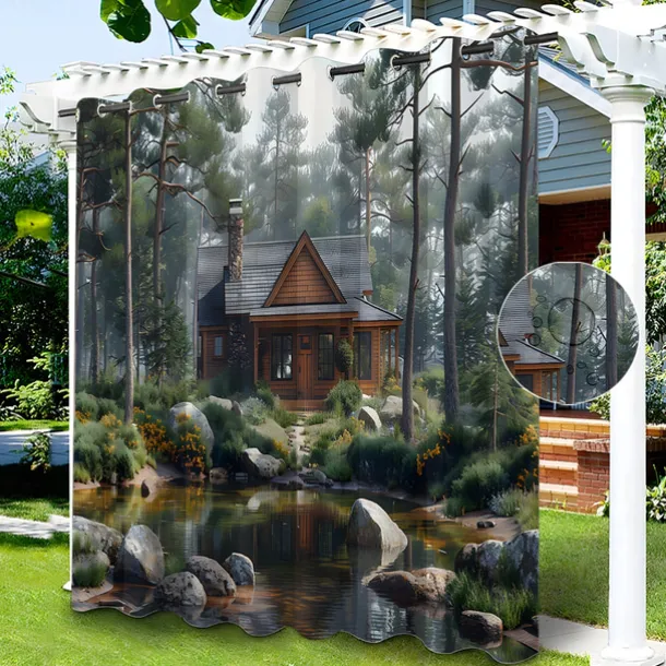 Waterproof Outdoor Curtain Privacy, Sliding Patio Curtain Drapes, Pergola Curtains Grommet 3D Lake Side House for Gazebo, Balcony, Porch, Party, 1 Panel