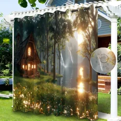 Waterproof Outdoor Curtain Privacy, Sliding Patio Curtain Drapes, Pergola Curtains Grommet 3D Lake Side House for Gazebo, Balcony, Porch, Party, 1 Panel