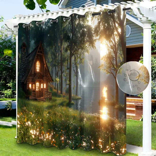Waterproof Outdoor Curtain Privacy, Sliding Patio Curtain Drapes, Pergola Curtains Grommet 3D Lake Side House for Gazebo, Balcony, Porch, Party, 1 Panel