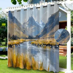 Waterproof Outdoor Curtain Privacy, Sliding Patio Curtain Drapes, Pergola Curtains Grommet 3D Lake Side House for Gazebo, Balcony, Porch, Party, 1 Panel
