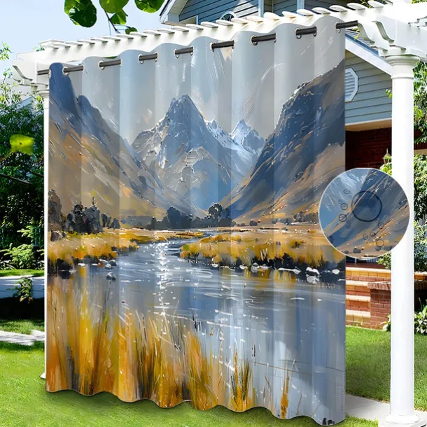 Waterproof Outdoor Curtain Privacy, Sliding Patio Curtain Drapes, Pergola Curtains Grommet 3D Lake Side House for Gazebo, Balcony, Porch, Party, 1 Panel