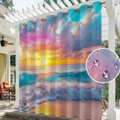 Waterproof Outdoor Curtain Privacy, Sliding Patio Curtain Drapes, Pergola Curtains Grommet 3D Ocean Beach Landscape For Gazebo, Balcony, Porch, Party, 1 Panel
