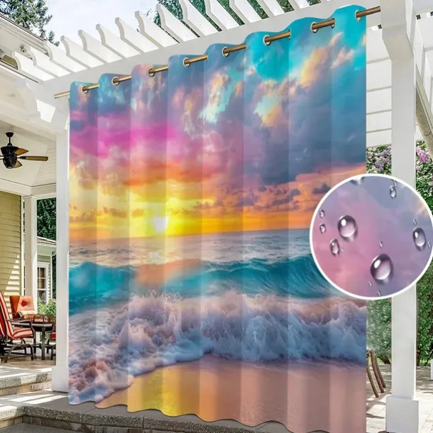 Waterproof Outdoor Curtain Privacy, Sliding Patio Curtain Drapes, Pergola Curtains Grommet 3D Ocean Beach Landscape For Gazebo, Balcony, Porch, Party, 1 Panel