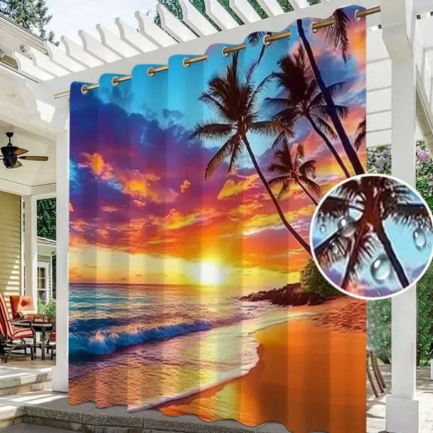 Waterproof Outdoor Curtain Privacy, Sliding Patio Curtain Drapes, Pergola Curtains Grommet 3D Ocean Beach Landscape For Gazebo, Balcony, Porch, Party, 1 Panel