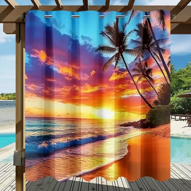 Waterproof Outdoor Curtain Privacy, Sliding Patio Curtain Drapes, Pergola Curtains Grommet 3D Ocean Beach Landscape For Gazebo, Balcony, Porch, Party, 1 Panel