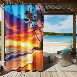 Waterproof Outdoor Curtain Privacy, Sliding Patio Curtain Drapes, Pergola Curtains Grommet 3D Ocean Beach Landscape For Gazebo, Balcony, Porch, Party, 1 Panel