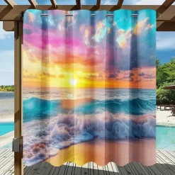 Waterproof Outdoor Curtain Privacy, Sliding Patio Curtain Drapes, Pergola Curtains Grommet 3D Ocean Beach Landscape For Gazebo, Balcony, Porch, Party, 1 Panel