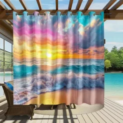 Waterproof Outdoor Curtain Privacy, Sliding Patio Curtain Drapes, Pergola Curtains Grommet 3D Ocean Beach Landscape For Gazebo, Balcony, Porch, Party, 1 Panel