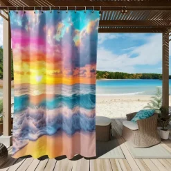 Waterproof Outdoor Curtain Privacy, Sliding Patio Curtain Drapes, Pergola Curtains Grommet 3D Ocean Beach Landscape For Gazebo, Balcony, Porch, Party, 1 Panel