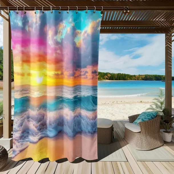 Waterproof Outdoor Curtain Privacy, Sliding Patio Curtain Drapes, Pergola Curtains Grommet 3D Ocean Beach Landscape For Gazebo, Balcony, Porch, Party, 1 Panel