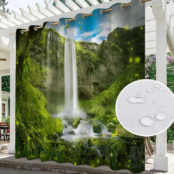 Waterproof Outdoor Curtain Privacy, Sliding Patio Curtain Drapes, Pergola Curtains Grommet 3D Forest Landscape For Gazebo, Balcony, Porch, Party