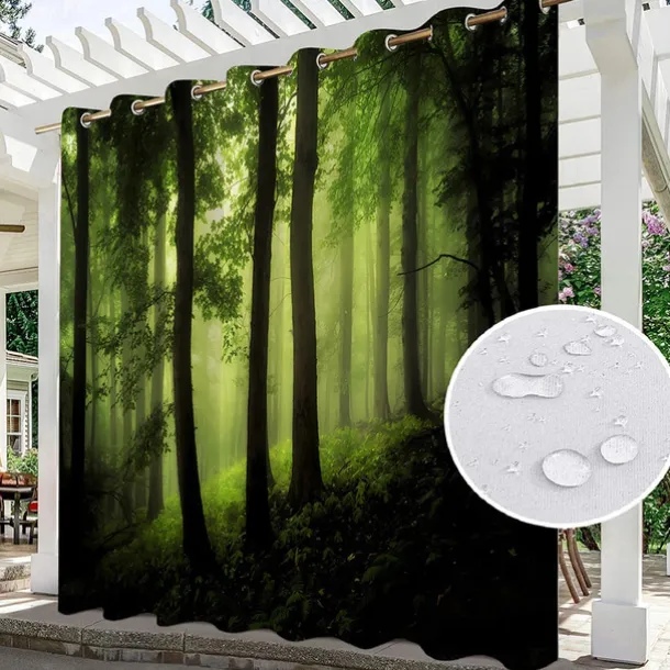 Waterproof Outdoor Curtain Privacy, Sliding Patio Curtain Drapes, Pergola Curtains Grommet 3D Forest Landscape For Gazebo, Balcony, Porch, Party