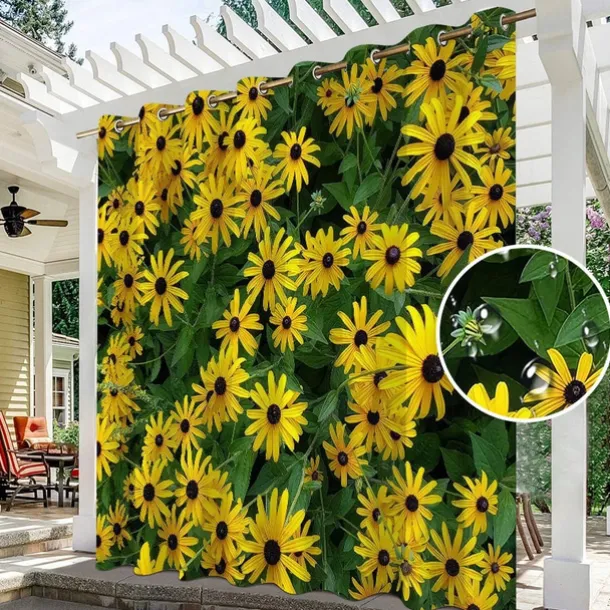 Waterproof Outdoor Curtain Privacy, Sliding Patio Curtain Drapes, Pergola Curtains Grommet 3D Summer Daisy Landscape For Gazebo, Balcony, Porch, Party, 1 Panel