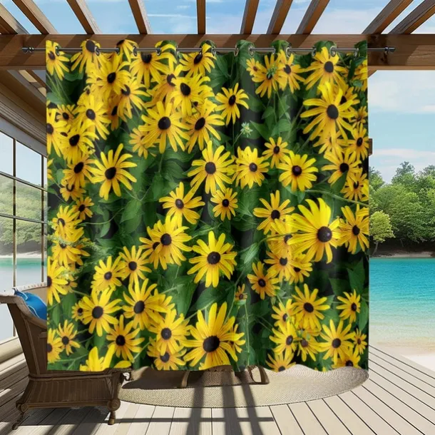 Waterproof Outdoor Curtain Privacy, Sliding Patio Curtain Drapes, Pergola Curtains Grommet 3D Summer Daisy Landscape For Gazebo, Balcony, Porch, Party, 1 Panel