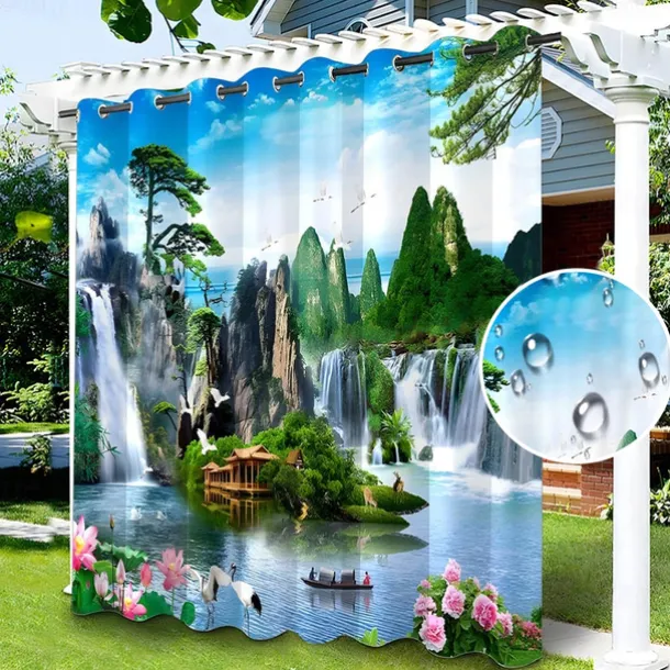 Waterproof Outdoor Curtain Privacy, Sliding Patio Curtain Drapes, Pergola Curtains Grommet 3D Chinese Painting for Gazebo, Balcony, Porch, Party, 1 Panel
