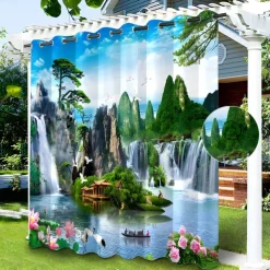 Waterproof Outdoor Curtain Privacy, Sliding Patio Curtain Drapes, Pergola Curtains Grommet 3D Chinese Painting for Gazebo, Balcony, Porch, Party, 1 Panel
