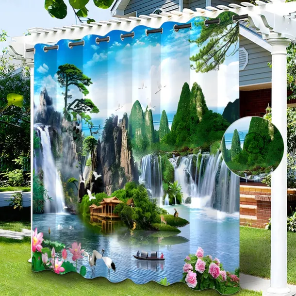 Waterproof Outdoor Curtain Privacy, Sliding Patio Curtain Drapes, Pergola Curtains Grommet 3D Chinese Painting for Gazebo, Balcony, Porch, Party, 1 Panel