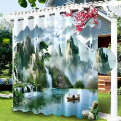 Waterproof Outdoor Curtain Privacy, Sliding Patio Curtain Drapes, Pergola Curtains Grommet 3D Chinese Painting for Gazebo, Balcony, Porch, Party, 1 Panel