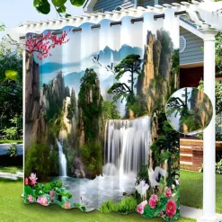 Waterproof Outdoor Curtain Privacy, Sliding Patio Curtain Drapes, Pergola Curtains Grommet 3D Chinese Painting for Gazebo, Balcony, Porch, Party, 1 Panel