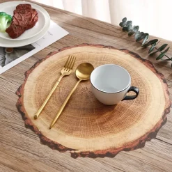 Waterproof Ring of Tree 3D Trunk Wooden Placemats Set Of 4 Farmhouse Forest Theme Dining Table Decoration Pad For Home, Hotel, Party, PP Material Rustic Wood Grain Heat Insulation Mat