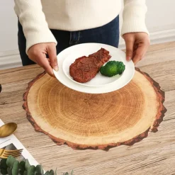 Waterproof Ring of Tree 3D Trunk Wooden Placemats Set Of 4 Farmhouse Forest Theme Dining Table Decoration Pad For Home, Hotel, Party, PP Material Rustic Wood Grain Heat Insulation Mat