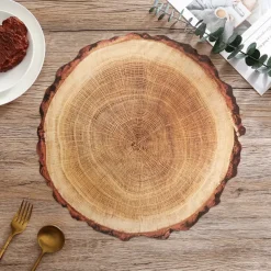 Waterproof Ring of Tree 3D Trunk Wooden Placemats Set Of 4 Farmhouse Forest Theme Dining Table Decoration Pad For Home, Hotel, Party, PP Material Rustic Wood Grain Heat Insulation Mat