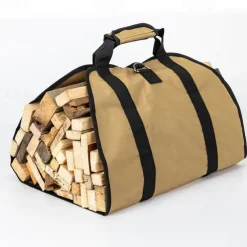 Waxed Canvas Log Carrier Bag, Durable Wood Tote Water Resistant for Indoor Outdoor, Fireplace Stove Accessories Firewood Wood Carrying Bag at Home or for Camping Trip Christmas Gift