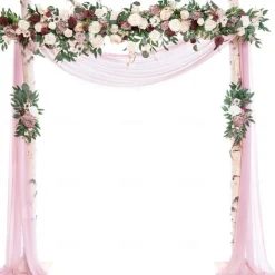 Wedding Arch Flowers with Drapes Kit (Pack of 5) - 1pc Artificial Flower Garland 2pcs Artificial Beige Deluxe Swag with 2pcs Sheer Drapes for Wedding Ceremony Arbor Reception Backdrop Rose Floral Deco