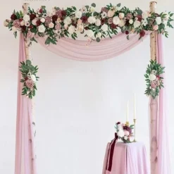 Wedding Arch Flowers with Drapes Kit (Pack of 5) - 1pc Artificial Flower Garland 2pcs Artificial Beige Deluxe Swag with 2pcs Sheer Drapes for Wedding Ceremony Arbor Reception Backdrop Rose Floral Deco