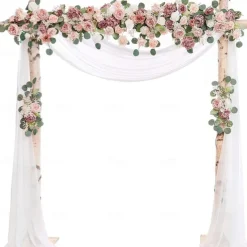 Wedding Arch Flowers with Drapes Kit (Pack of 5) - 1pc Artificial Flower Garland 2pcs Artificial Beige Deluxe Swag with 2pcs Sheer Drapes for Wedding Ceremony Arbor Reception Backdrop Rose Floral Deco