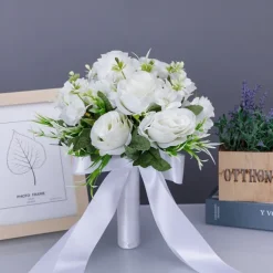 Wedding Bouquets for Bride, Artificial Silk Flower White Faux Plastic Bridal Bouquet, Decorative Floral Arrangement for Wedding Photography Props